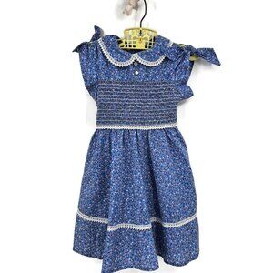 Vtg Bow Age Blue Floral Smocked Dress Girls 5 Cap Sleeve
